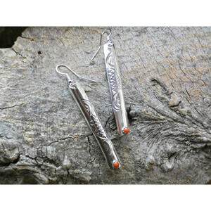 Coral Native American Handmade Hand Stamped Curved Bar Stick Earrings